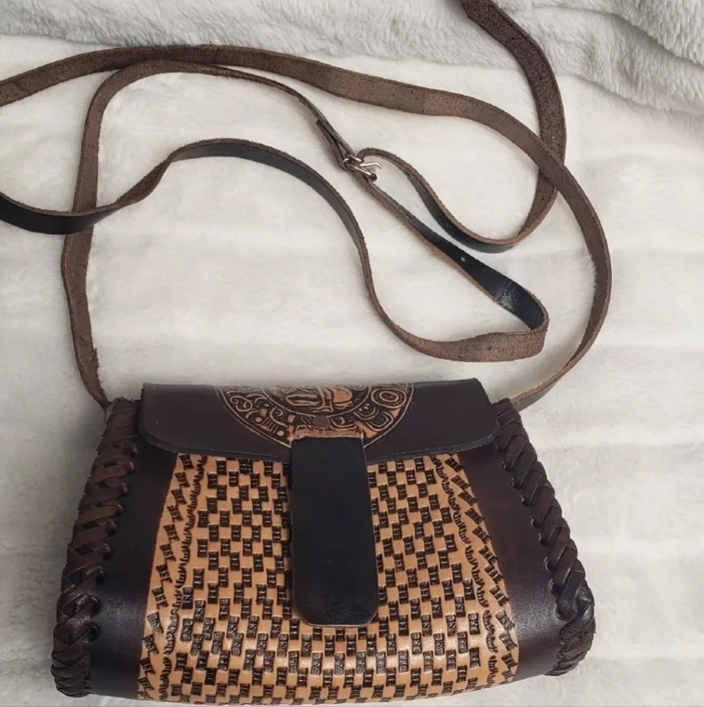 Genuine Leather Hand Tooled Mexican Crossbody Handbag Purse Adjustable Strap